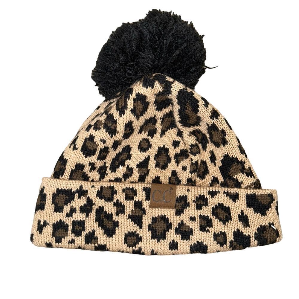 CC hat beanie cheetah leopard print poof ball winter cold warmth snow ski